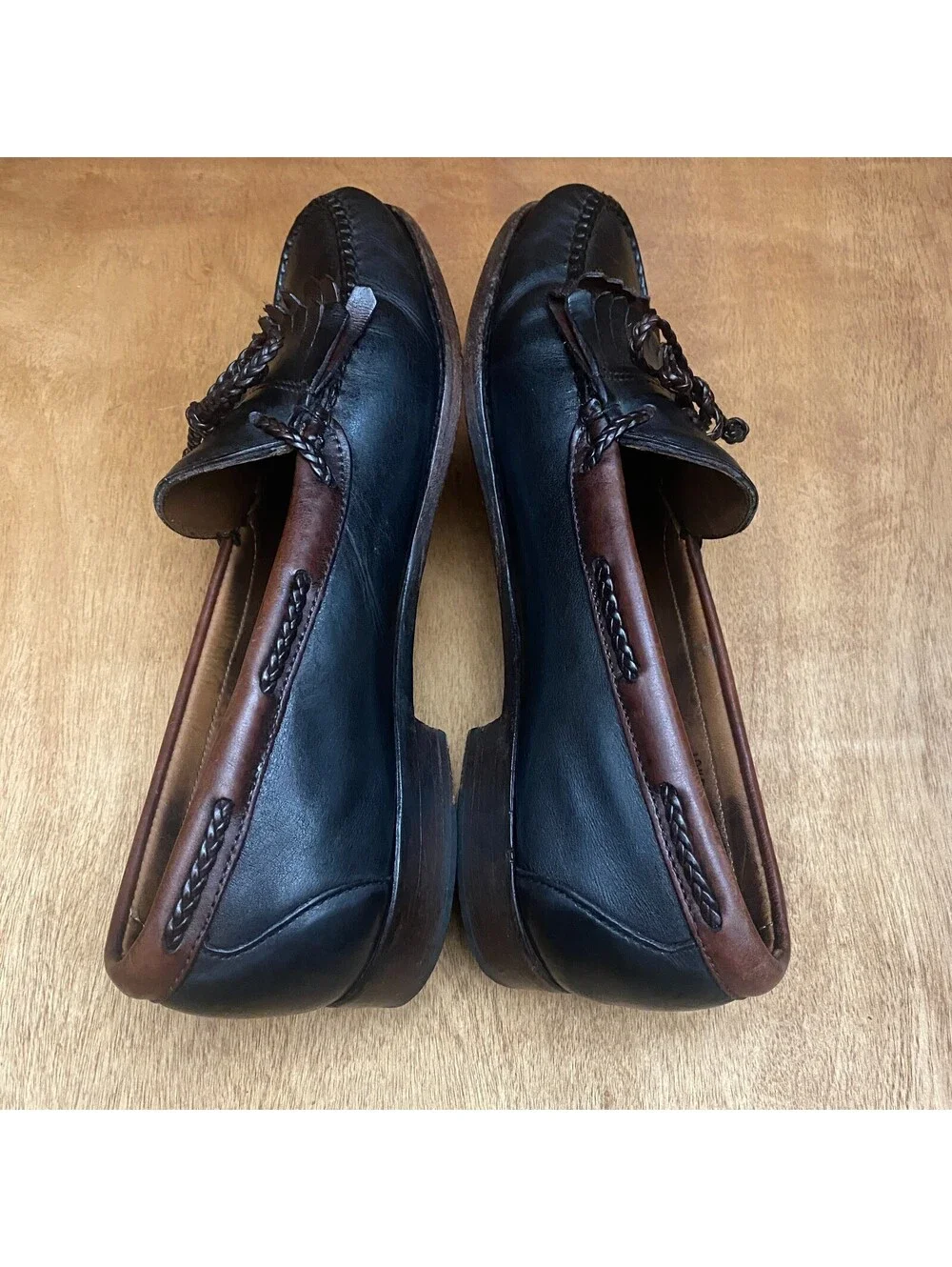 Vintage Woodstock Leather Kiltie Loafers Mens 10.5 D Black Brown Moccasin Shoes